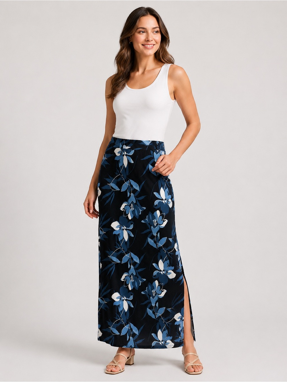 Liz Claiborne Navy Blue Floral Maxi Skirt with Side Slit